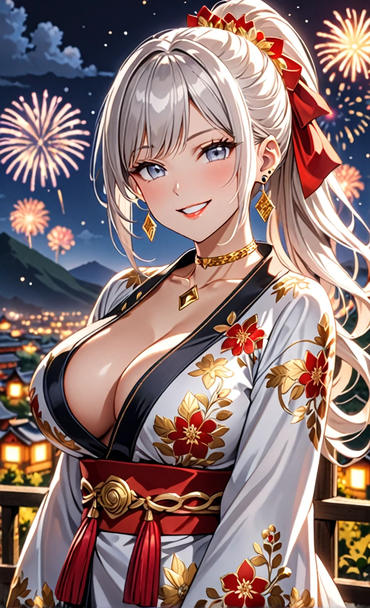 ((One personの少女)), 8K,High resolution, Highest quality, Pretty face, Beautiful Face, (Laughing embarrassedly), (smirk:1.4), ((Wink:1.5)), (head tilt:1.3), Laugh with your mouth wide open, upper teeth, looking at viewer, ((full-face brash:1.5)), Glossy Red Lips, ((Big Breasts:1.4)), night,Mountain countryside landscape, firework, Glossy Red Lips, (Shining Face), ((Anime style background)),masterpiece, Highest quality, so beautiful,up to date, Complex details, (Pink long nails), (nail art), (Gold Ring),(Gold bracelet),(Gold floral choker), (helix piercing:1.7), AI-generated, Complex,, super high quality,3D Images、3D Images,One person,Long white hair,High Ponytail, Anime woman posing for a photo, ((silver eyes:1.6)), ((Fine grain、blue eyes、Shining Eyes:1.3)), (Squint your eyes:1.1),a hyperRealistic , hyperRealistic , Realistic,Anime woman with long white hair, Smooth anime CG art, (A woman in a colorful kimono with gold embroidery), ((Black long sleeve kimono:1.3)), Red floral pattern,(Long flower hair ornament),Floral Earrings,Mature Body,Abdominal muscles,Tight waist, ((Zoom in on face:1.6)),