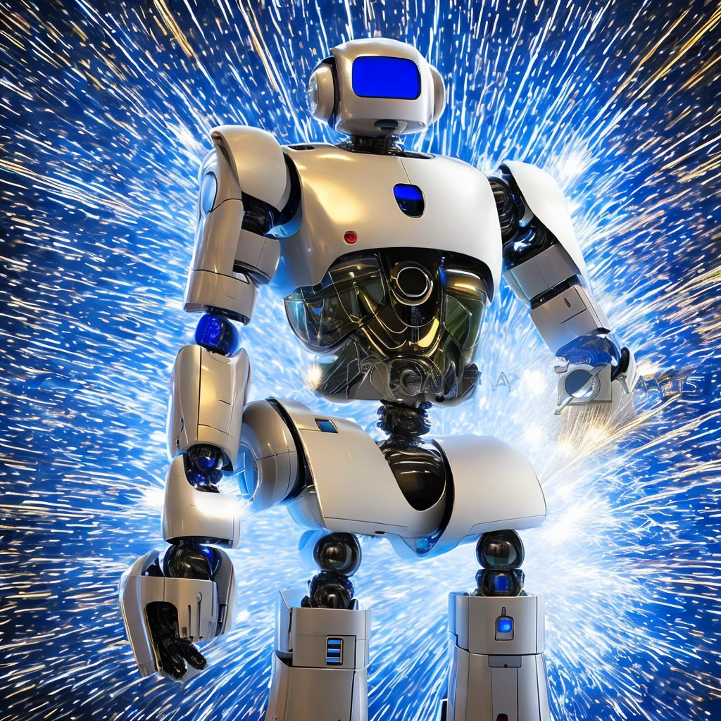 I want you to make a real image of a classic robot with super premium look with many details, humanoid, let the background be some chip cards blurred and releasing sparks