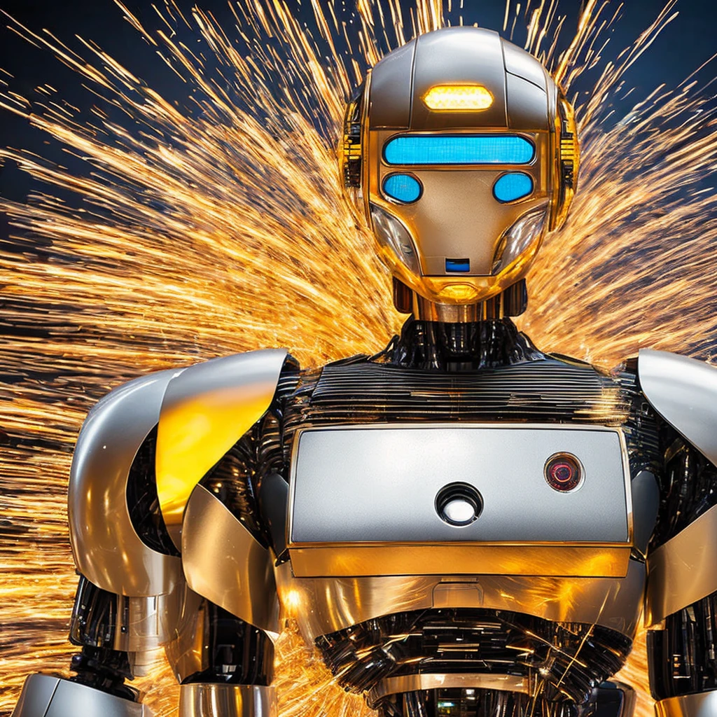 I want you to make a real image of a classic robot with super premium look with many details, humanoid, let the background be some chip cards blurred and releasing sparks