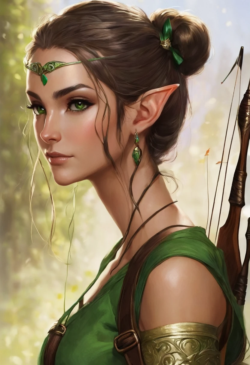I would like to have a character who is an elf type with a green but also brown outfit and who uses a bow with her hair tied up in a bun and a lock of hair falling in the front who carries a bow with arrows on her back and who is a woman and bare shoulders
