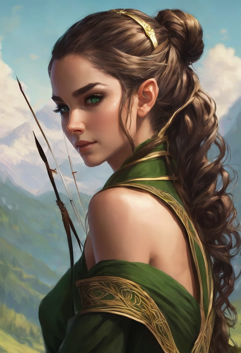 I would like to have a character who is an elf type with a green but also brown outfit and who uses a bow with her hair tied up in a bun and a lock of hair falling in the front who carries a bow with arrows on her back and who is a woman and bare shoulders