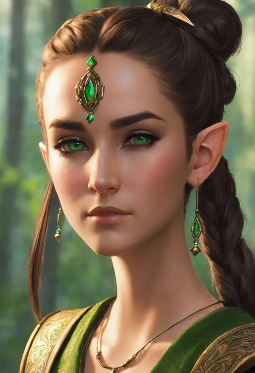I would like to have a character who is an elf type with a green but also brown outfit and who uses a bow with her hair tied up in a bun and a lock of hair falling in the front who carries a bow with arrows on her back and who is a woman and bare shoulders