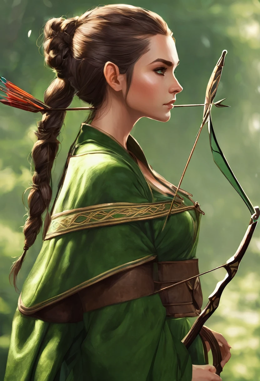 I would like to have a character who is an elf type with a green but also brown outfit and who uses a bow with her hair tied up in a bun and a lock of hair falling in the front who carries a bow with arrows on her back and who is a woman and bare shoulders 