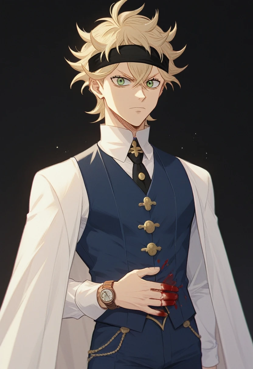 A 19 year old boy, To stay (black clover), spiky hair, messy hair, hair between the eyes, beige hair, for white, green eyes, black headband,  thin arms, upset expression, Un chaleco blue suit with stripes, Una camisa de vestir azul claro con las mangas arremangadas hTo stay los codos., Pants matching the vest.., blue suit with stripes, He wears a watch on his left wrist.., many tattoos on the forearms, elegant and casual clothing, epic hike, blood on more hands, alone, black background 