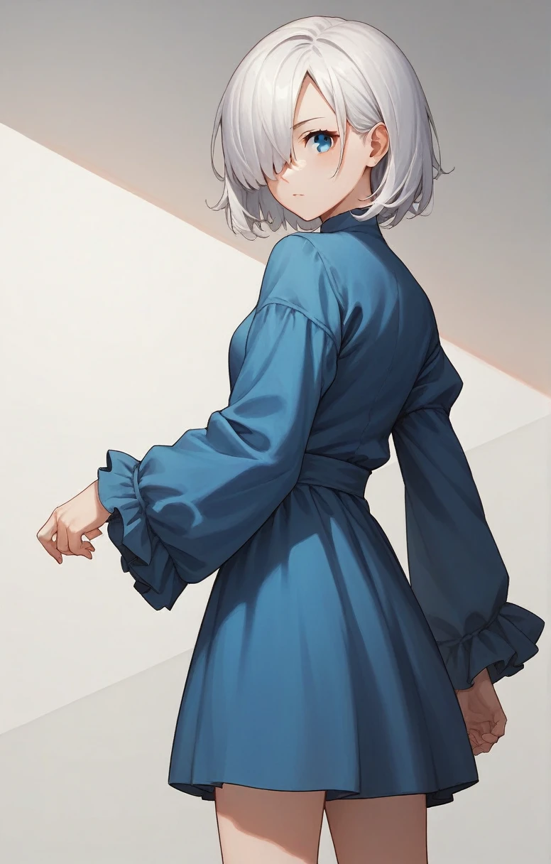 score_9, score_8_up, score_7_up, score_6_up, score_5_up, score_4_up, BREAK source_anime, one anime girl, blue eyes, white hair, medium hair, hair covers one eye, white and blue dress, standing