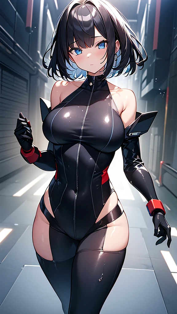 (Highly detailed CG Unity 32k wallpaper,masterpiece, Biological, whole body),(Best lighting, Best Shadow, Very delicate and beautiful),(One girl),blue eyes, Big Breasts,Bouncing chest, Black Hair,Bobcut,Red and black and White off-the-shoulder revealing high-cut SF bodysuit,One-piece swimsuit-style clothing,Clothes that emphasize the chest,Neck Seal,High-tech sci-fi corridor, Dynamic pose, Detailed Machinery, Sleek design.,My crotch is wet, {{An extraterrestrial lifeform preys on girls and takes their place、Her breasts are bigger than a real girl's、Suitable for the mother、Looking for a breeding partner}}, Unknown sensation, Feels good, Vigorous movement, more, instinct, Female fall, Bouncing chest, loose, loose, Next to a real girl skeleton, NSFW