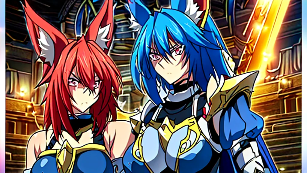 A battlefield, two women facing each other, karo. a redhead wearing dark armor, the other with sky blue hair and eyes wearing armor of light, their legendary swords stuck in battle, (Facial expression: anger/Will), wearing mystical armor, one with an aura of light, the other with a dark aura, best qualityer, masterprice, raytracing, face detailed, 8 k wallpaper, (high resolution), breasts big, open armor, animal ears, bangss, fox ears, fox tail,