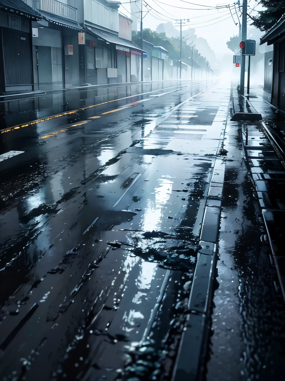 Wet road surface from rain、((The moment when the water drops fall))、midnight、Dark and spooky atmosphere、