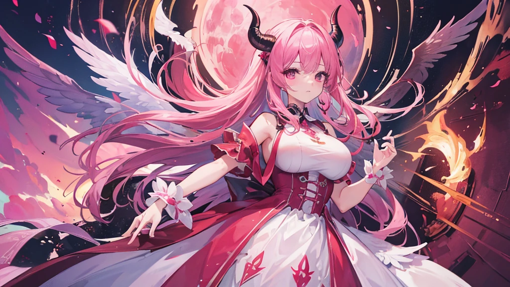 ((best quality)), ((masterpiece)), (detailed), mommy, big breast, demon, pink,wing head, wing back, Horn Head, dress