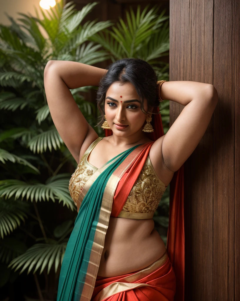 Foto RAW, photorealistic, photography, full body shot, master shot, perfect eyes, goddess like beauty, pierced eyes, perfect thick chubby mallu Desi aunty bhabhi, Wearing a Stanapatta, a chest-band.Saree model, model Photography, Indian saree shoot, Indian traditional wear advertising photography, traditional wear brand shoot, face of Indian actress Sonakshi Sinha, masterpiece, realistic, realism, incredible details,  pleasure, photorealism, detailed skin, skin pores, high contrast, photorealistic Artstation 8k HD digital art trend of high definition and detailed realistic skin texture, ultra detail, realistic skin texture, armature, best quality, ultra high definition, (photorealistic:1.4),, high resolution, detail, raw photo, sweat, Re sharp, by Lee Jefferies Nikon D850 Film Stock Photo 4 Kodak Portra 400 Camera F1.6 Lens Rich Color Ultra Real Realistic Realistic Textures Dramatic Lighting Unreal Engine Trending at Art Station Cinestill 800,(pele altamente detalhada: 1.2), 8k UHD, DSLR, soft-lighting, alta qualidade, grain of film, Fujifilm XT3,she didn't like to wear blouse or bra, she is happy to wear only saree, she hates blouse or bra, detailed hairy armpits, hyper realistic skin, skin pores, sweat, veins, 