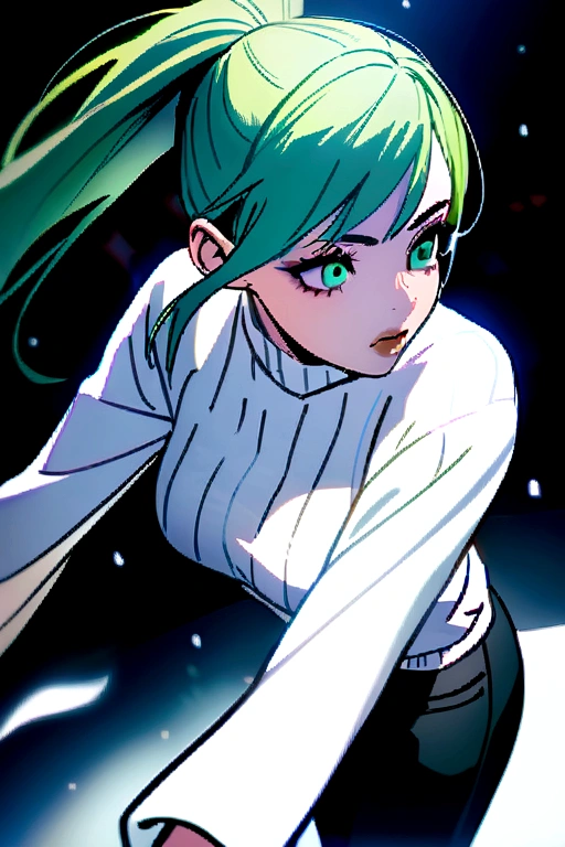 Woman with green hair with a ponytail wearing a white sweater and black pants and has tattoos