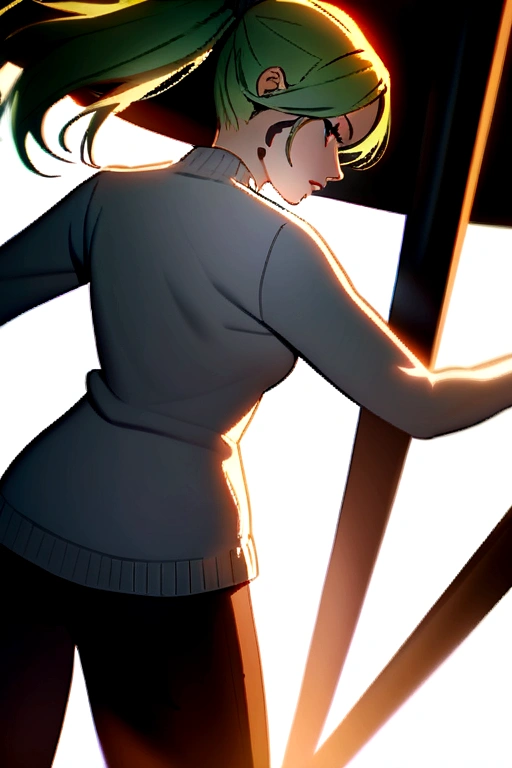 Woman with green hair with a ponytail wearing a white sweater and black pants and has tattoos 
