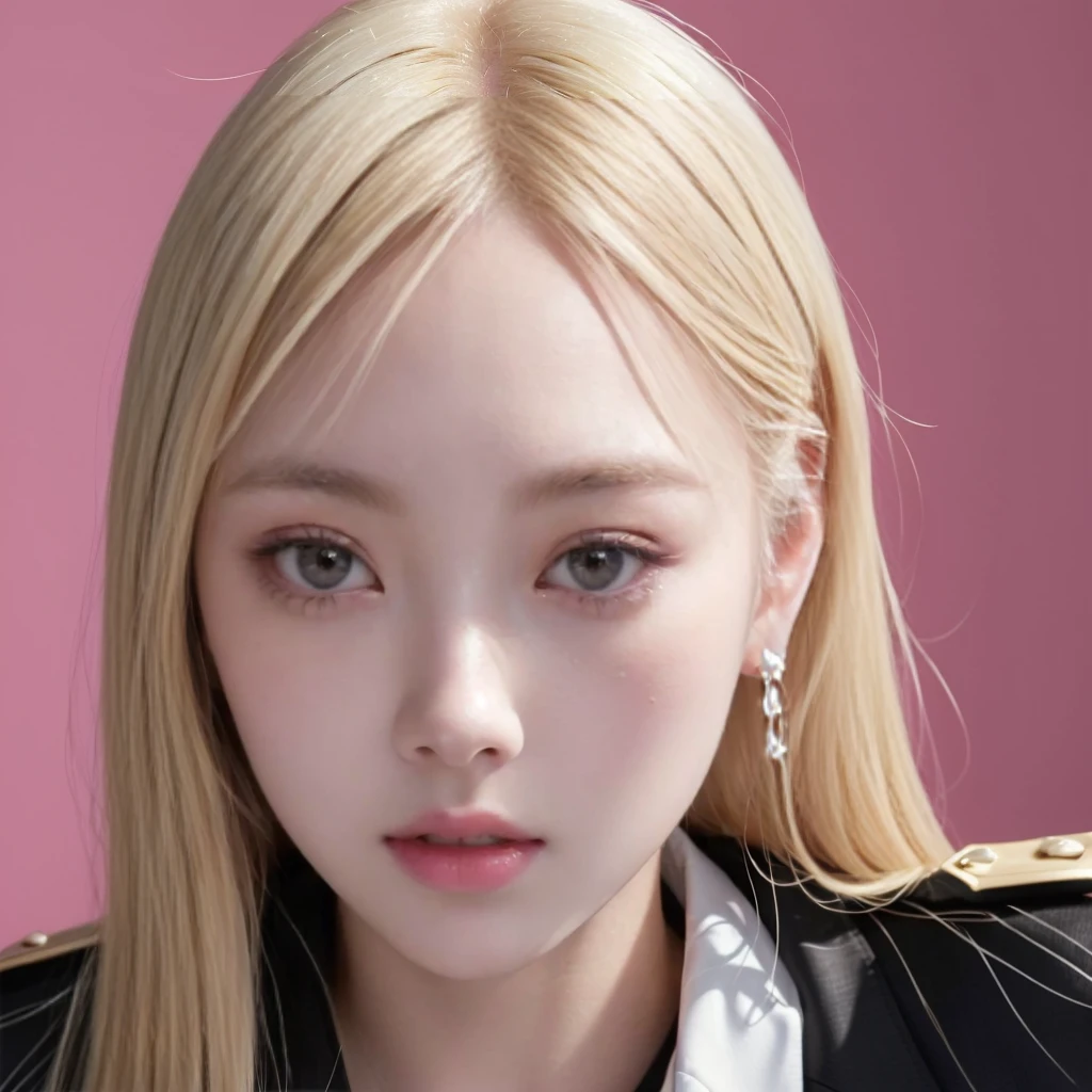 Blond hair girl in white shirt and black jacket looking at camera, pale round face, with round face, She has a pretty face, jossi de blackpink, her face looks like an orchid, she has a nice expressive face, with round cheeks, she has a distant expression, roseanne park by blackpink, A hyperrealist , portrait of jossi de blackpink