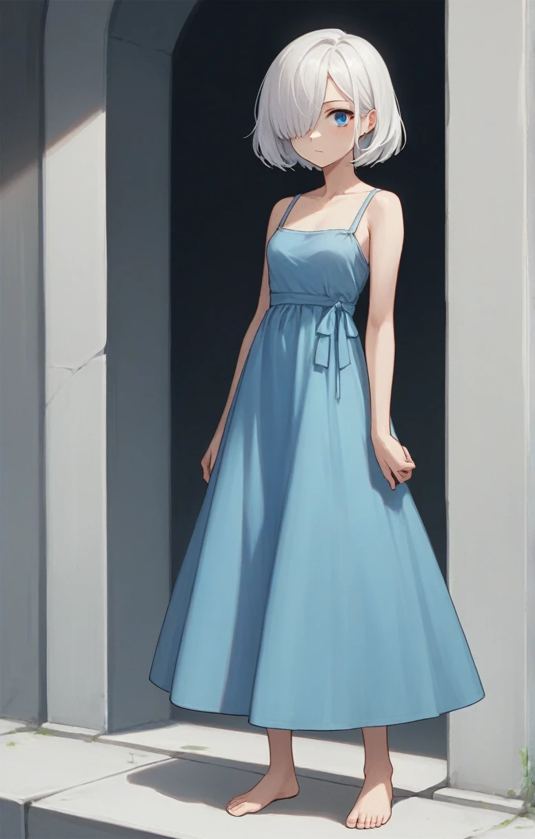 score_9, score_8_up, score_7_up, score_6_up, score_5_up, score_4_up, BREAK source_anime, one anime girl, blue eyes, white hair, medium hair, hair covers one eye, white and blue dress, standing