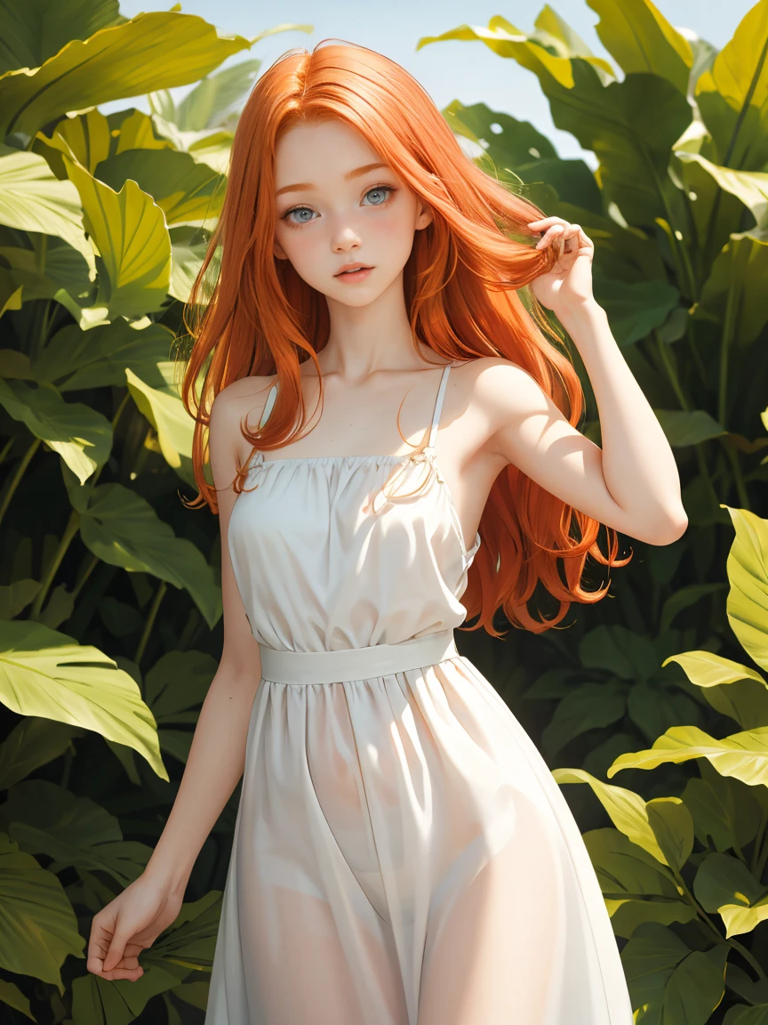 (best quality, masterpiece) ginger hair, 16 years old pale ginger girl, big , sundress, simple background