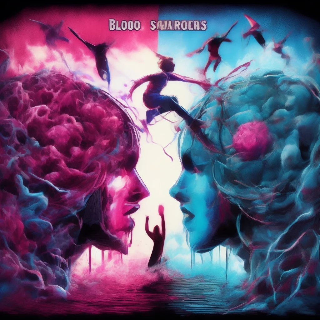 Blood-stained scavengers and dreamers from a parallel universe clash in a fractured psyche. Amid this turmoil, a breathtakingly beautiful transgender woman strives to unveil her true self amidst a spectacular apocalyptic setting. This vivid and emotionally charged scene is depicted in a mesmerizing painting, radiating with vivid hues of cyan and magenta. The intricate details of the woman's transformation and the chaos surrounding her evoke a sense of raw and powerful beauty, captivating viewers with its intensity and depth.