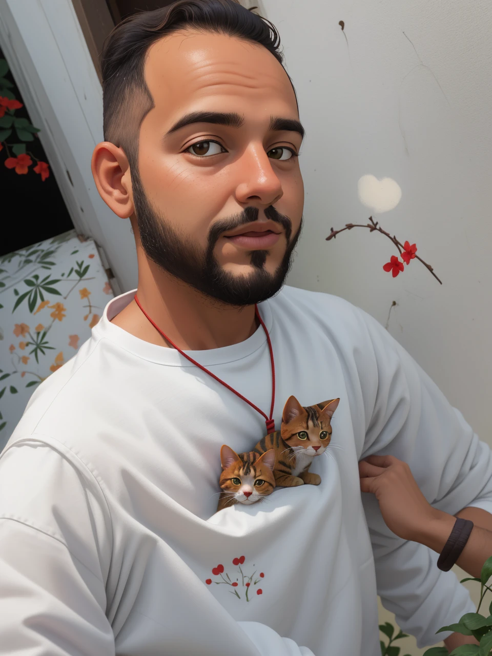 Retrato realista de um menino de sete anos, Ele usa uma camisa vermelha . Your face is and exploratory . Ele sai cautelosamente para o jardim da casa,  A small cat is among the bushes and he touches it cautiously ,Not facing the camera,, Hair is messy , 