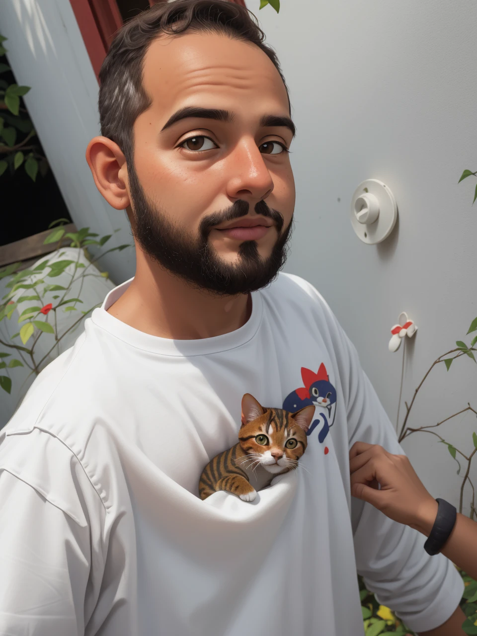 Retrato realista de um menino de sete anos, Ele usa uma camisa vermelha . Your face is and exploratory . Ele sai cautelosamente para o jardim da casa, A small cat is among the bushes and he touches it cautiously ,Not facing the camera,, Hair is messy ,