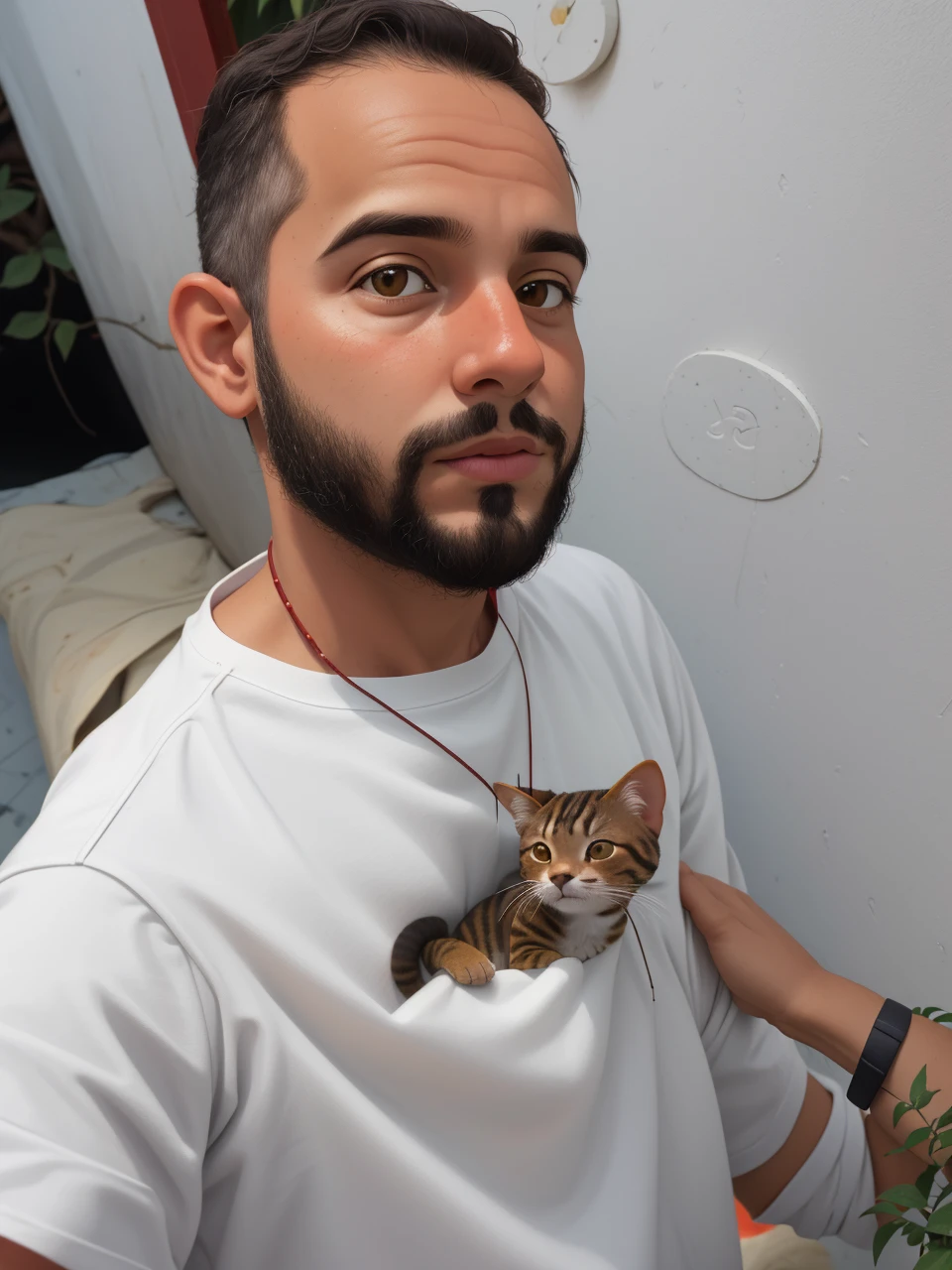 Retrato realista de um menino de sete anos, Ele usa uma camisa vermelha . Your face is and exploratory . Ele sai cautelosamente para o jardim da casa, A small cat is among the bushes and he touches it cautiously ,Not facing the camera,, Hair is messy ,