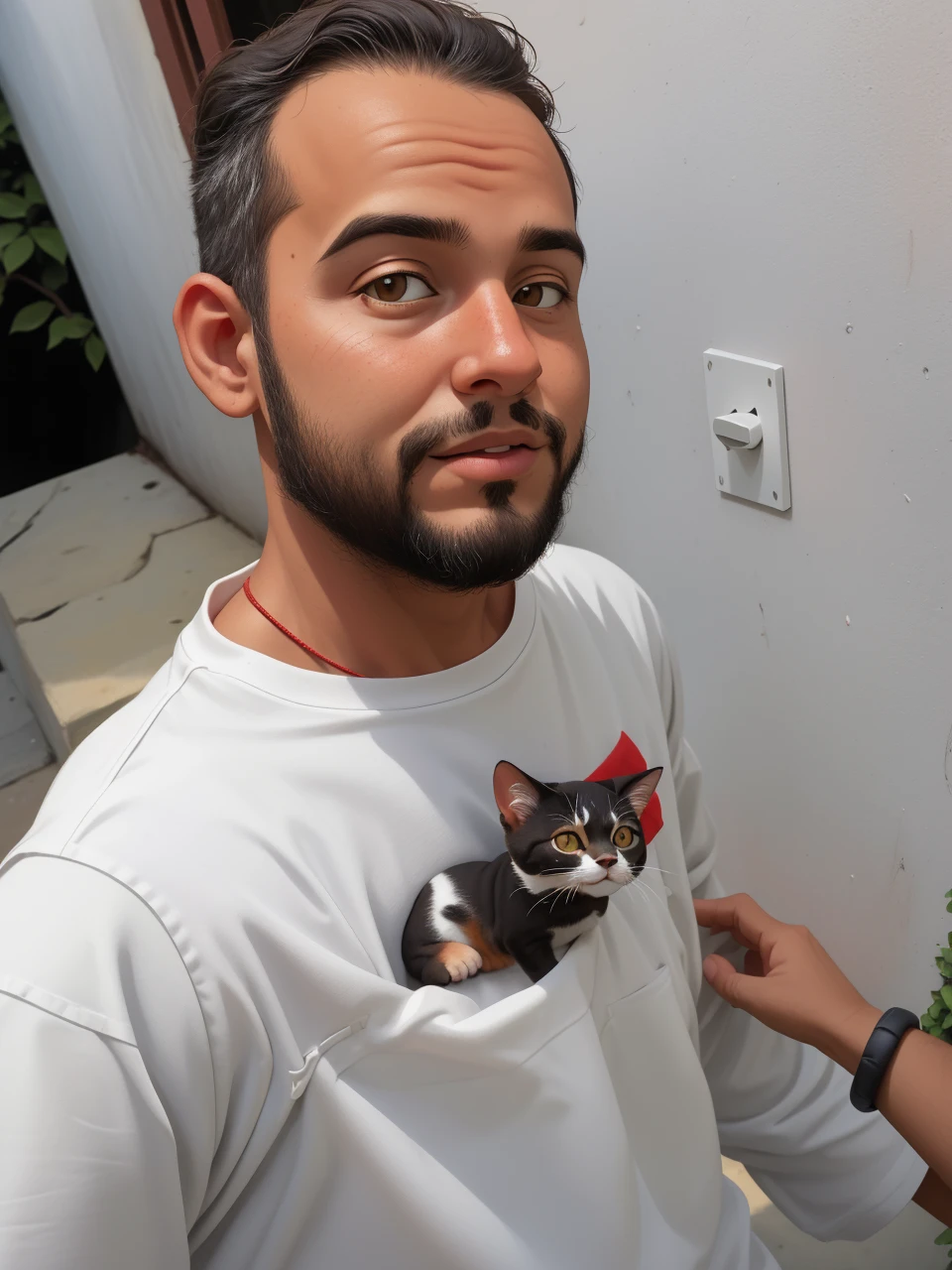 Retrato realista de um de sete anos, Ele usa uma camisa vermelha . Your face is and exploratory . Ele sai cautelosamente para o jardim da casa, A small cat is among the bushes and he touches it cautiously ,Not facing the camera,, Hair is messy ,