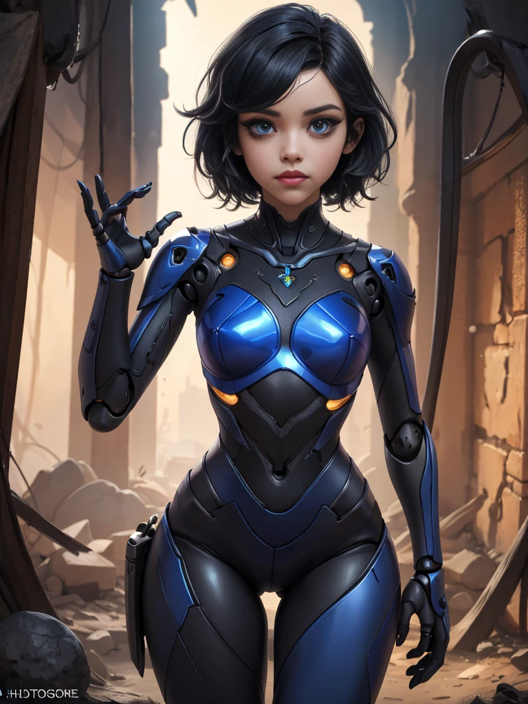 high resolution, ultradetailed, 1 girl, (short black hair:1.2), (Blue tight latex suit:1.1), (dungeon ruins background:1.2 ), 16k, unreal engine, UHD, photorealistic, (skin texture:1.4), (detailed face features:1.3), correct proportions, beautiful blue eyes, cowboy pose, pretty eyes, Iris contour, thin lips, (thin and sharp pale eyebrows), long dark eyelashes, double tabs, (dynamic pose), JennaOrtega, doll joints, gynoid, android girl, mechanical joints, kkw-HDR