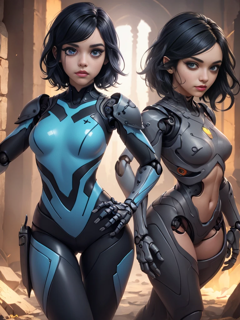 high resolution, ultradetailed, 1 girl, (short black hair:1.2), (Blue tight latex suit:1.1), (dungeon ruins background:1.2 ), 16k, unreal engine, UHD, photorealistic, (skin texture:1.4), (detailed face features:1.3), correct proportions, beautiful blue eyes, cowboy pose, pretty eyes, Iris contour, thin lips, (thin and sharp pale eyebrows), long dark eyelashes, double tabs, (dynamic pose), JennaOrtega, doll joints, gynoid, android girl, mechanical joints, kkw-HDR