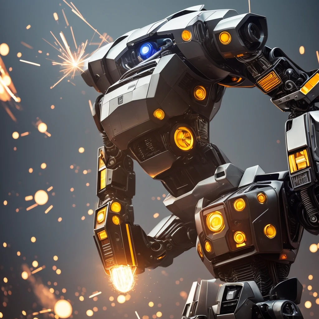 I want you to make a real image of a classic robot with super premium look with many details, humanoid, let the background be some chip cards blurred and releasing sparks