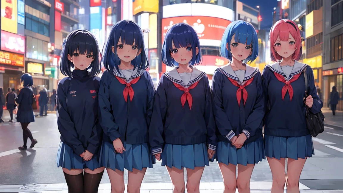 5 girls, Photo of beautiful Japanese idols in Shibuya. blue hair, Againm \(Again:NULL\), [smile], blush, School、 masterpiece, highest quality, perfect lighting, 1 girl, skirt, medium bAgainsts,，sailor suit，bob cut，hair above one eye、hair accessories、