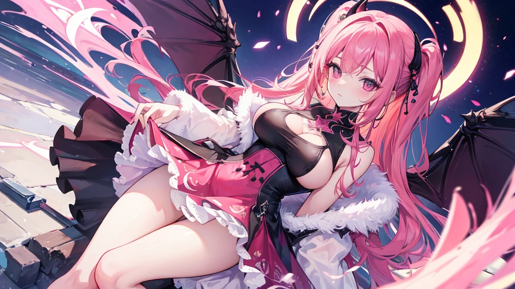 ((best quality)), ((masterpiece)), (detailed), mommy, big breast, demon, pink,wing head, wing back, Horn Head, dress
