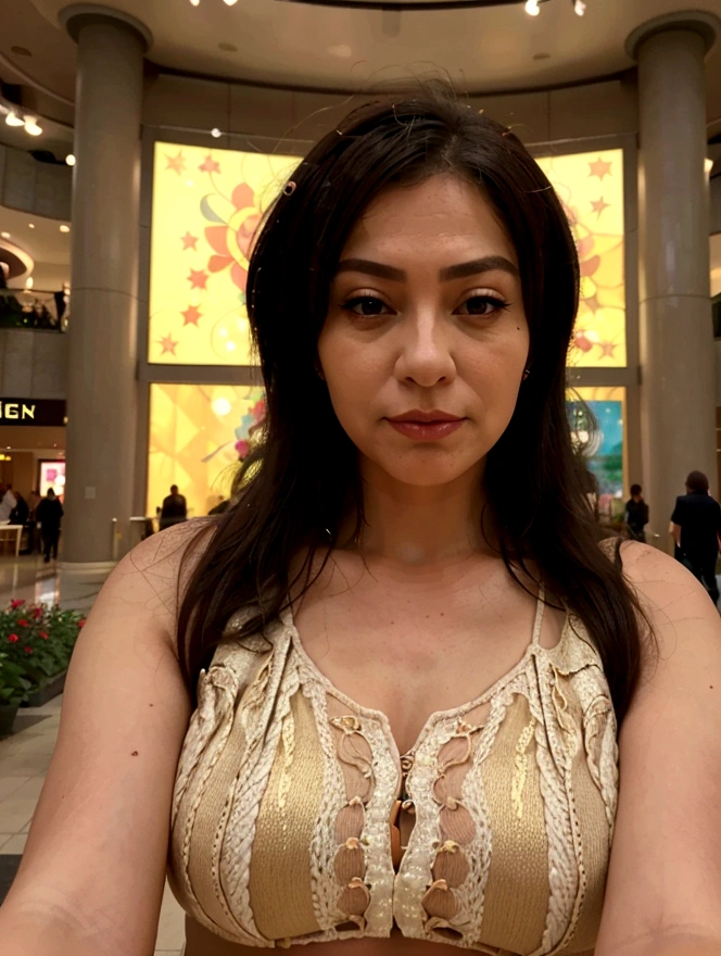 beautiful mature woman taking realistic selfie in a shopping mall, high quality background