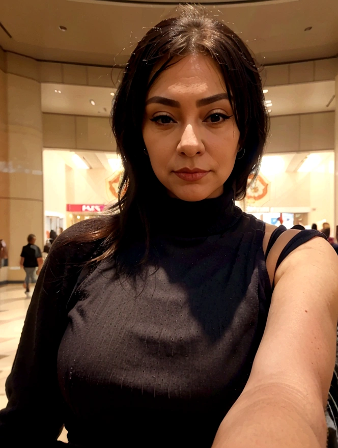 beautiful mature woman taking realistic selfie in a shopping mall, high quality background