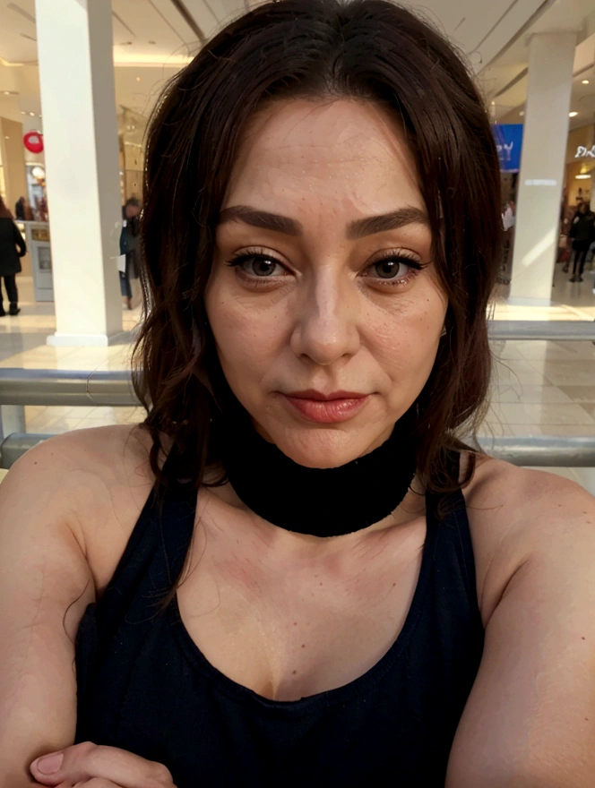 beautiful mature woman taking realistic selfie in a shopping mall, high quality background