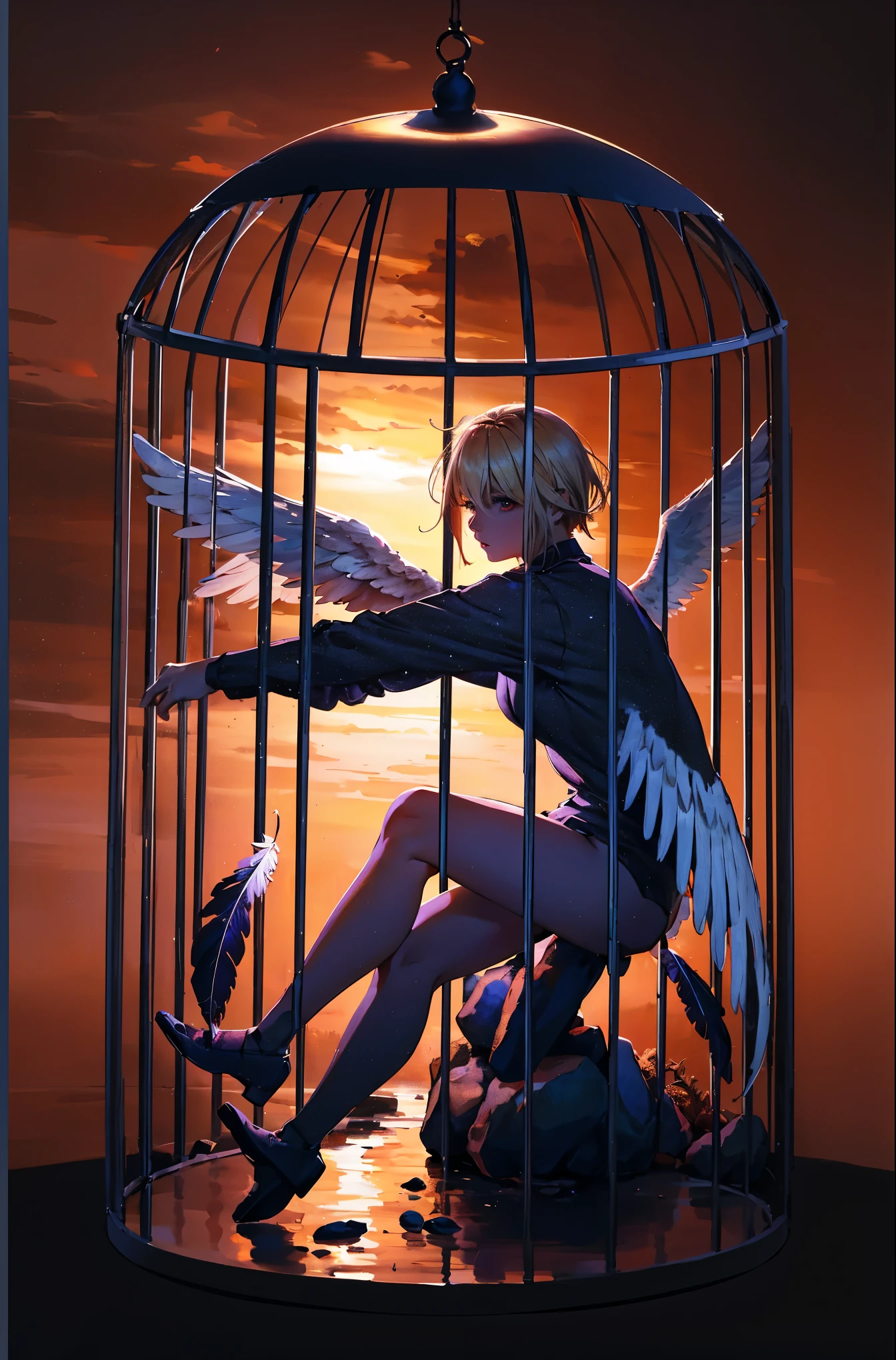 (masterpiece:1.3),(best quality:1.2),8k,absurdres,unity 8k wallpapper,(extremely detailed:1.3),highestres,in_cage, solo, looking at viewer, short hair, blonde hair, simple background, shirt, long sleeves, 1boy, sitting, full body, male focus, wings, shoes, pants, grey background, brown footwear, feathers, feathered wings, angel wings, hugging own legs, cage,masterpiece, best quality, ultra high resolution, beautiful, visually stunning, elegant, incredible details, world, 1 god, open arms, divine, (colorful abreact background: 1.2), simple background, dynamic pose, sunset, planets background,god, forest, trees, landscape,