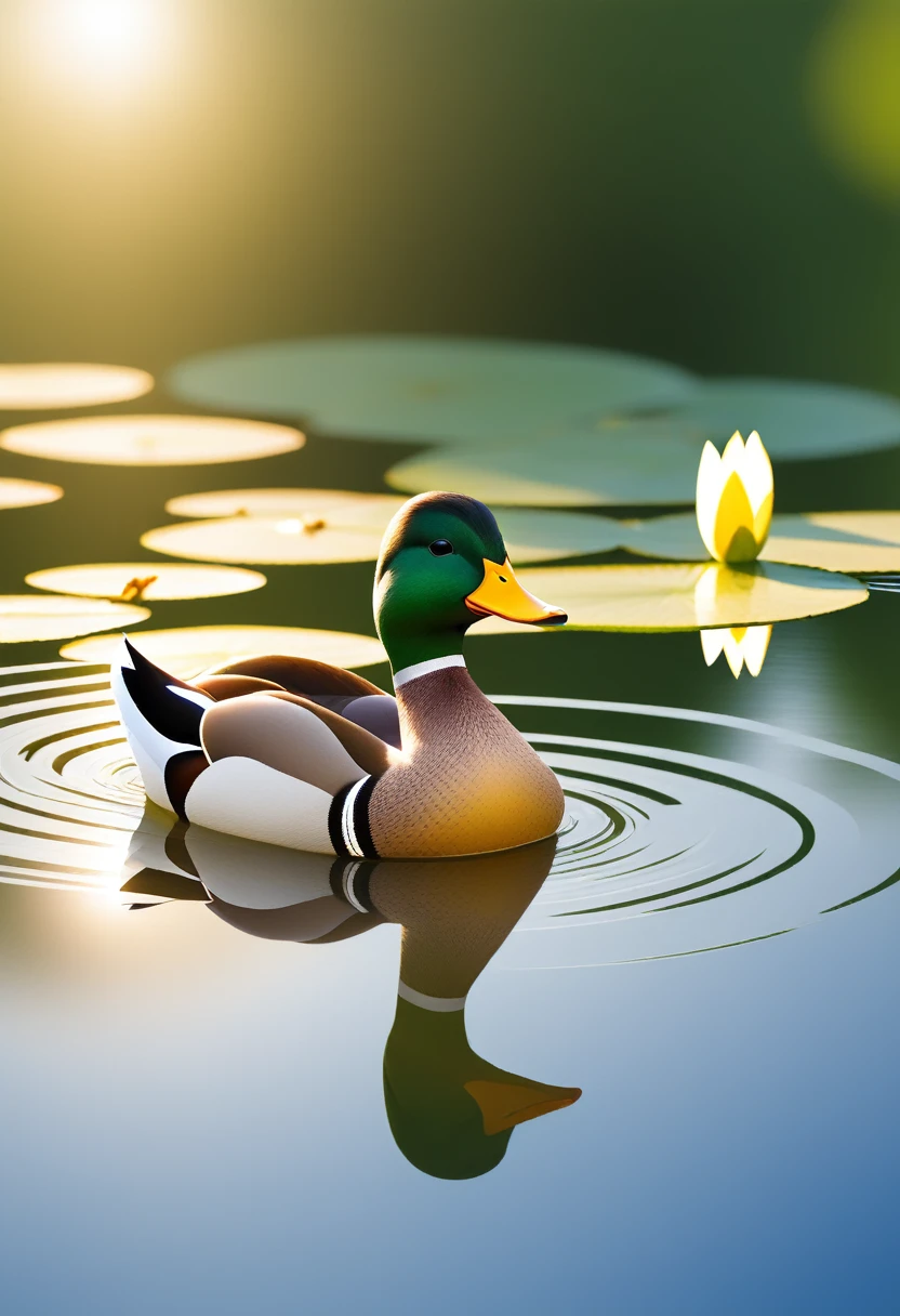 happy funny duck, swiming in lake, around water lily, sun shining, 