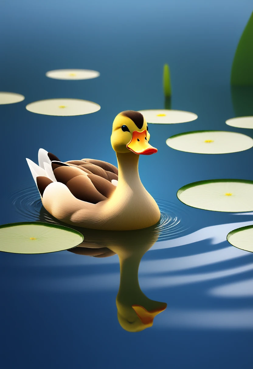 happy funny duck, swiming in lake, around water lily, sun shining, 