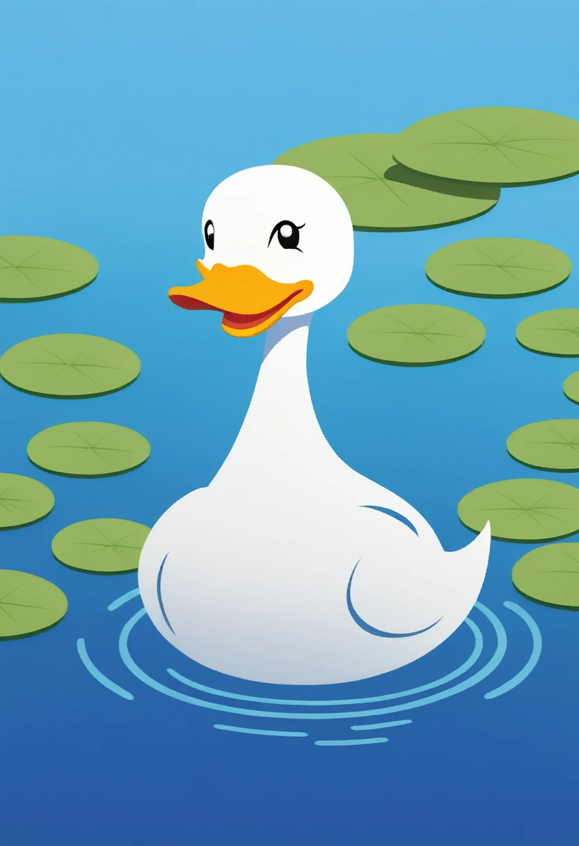 happy funny duck, swiming in lake, around water lily, sun shining,