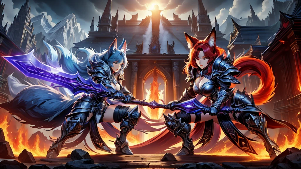 A battlefield, two women facing each other, karo. a redhead wearing dark armor, the other with sky blue hair and eyes wearing armor of light, their legendary swords stuck in battle, (Facial expression: anger/Will), wearing mystical armor, one with an aura of light, the other with a dark aura, best qualityer, masterprice, raytracing, face detailed, 8 k wallpaper, (high resolution), breasts big, open armor, animal ears, bangss, fox ears, fox tail,