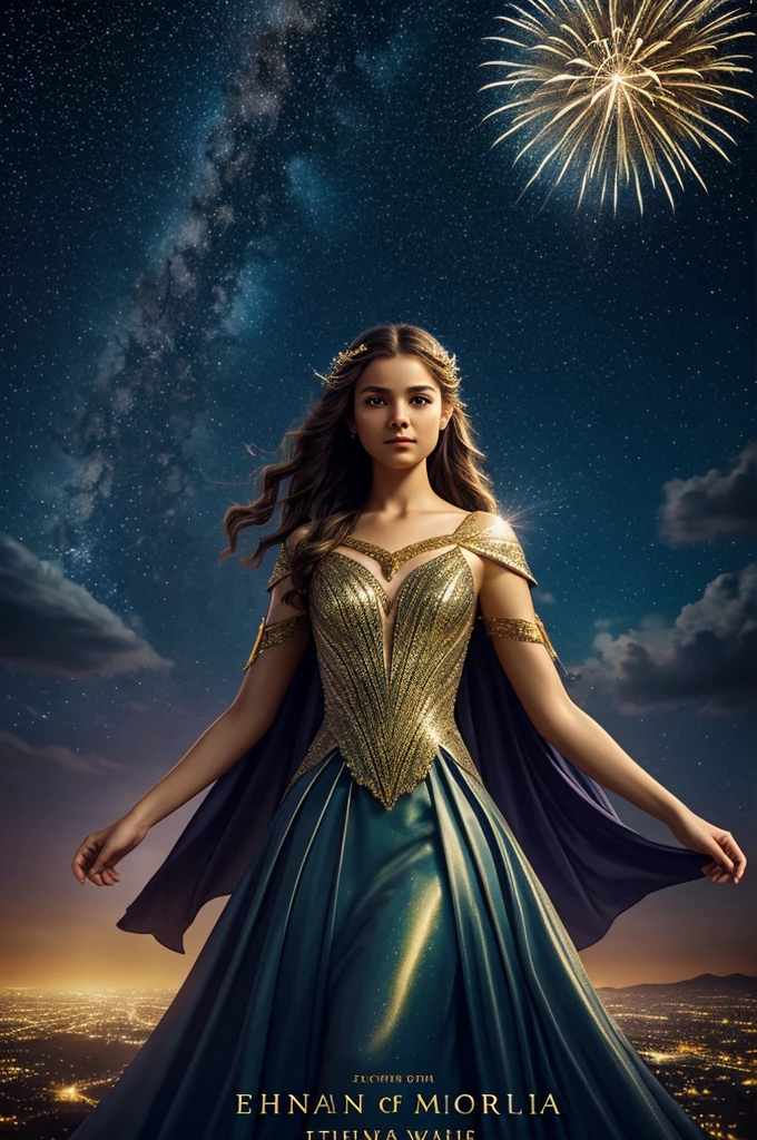 Create a book cover with the following features: The cover shows a night landscape in the kingdom of Astralia, with the City of Stars illuminated by the silver light of the moon. Spotlight, the figure of Elena is found, the human protagonist, surrounded by magical creatures like dancing fairies, watch elves and werewolves in the twilight.
in the starry sky, sparkles of magic shine like fireworks, creating an aura of mystery and charm around the scene. at the top of the cover, title "The Link of the Stars" It is written in elegant golden letters, standing out against the dark background and evoking the connection between the two worlds.