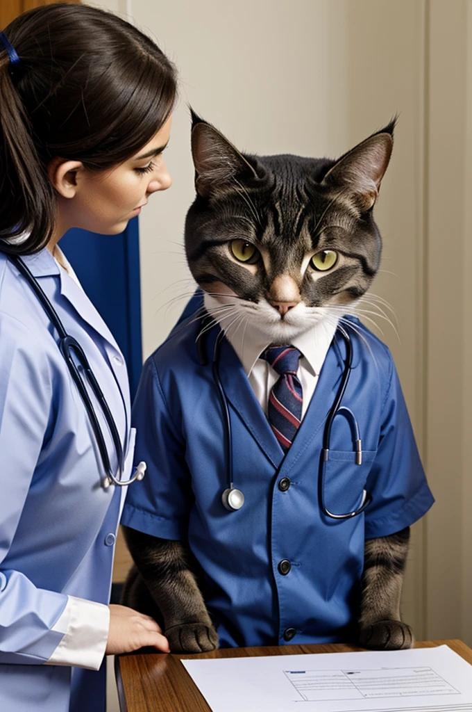 A cat dressed as a doctor doing consultation with a bad mood face