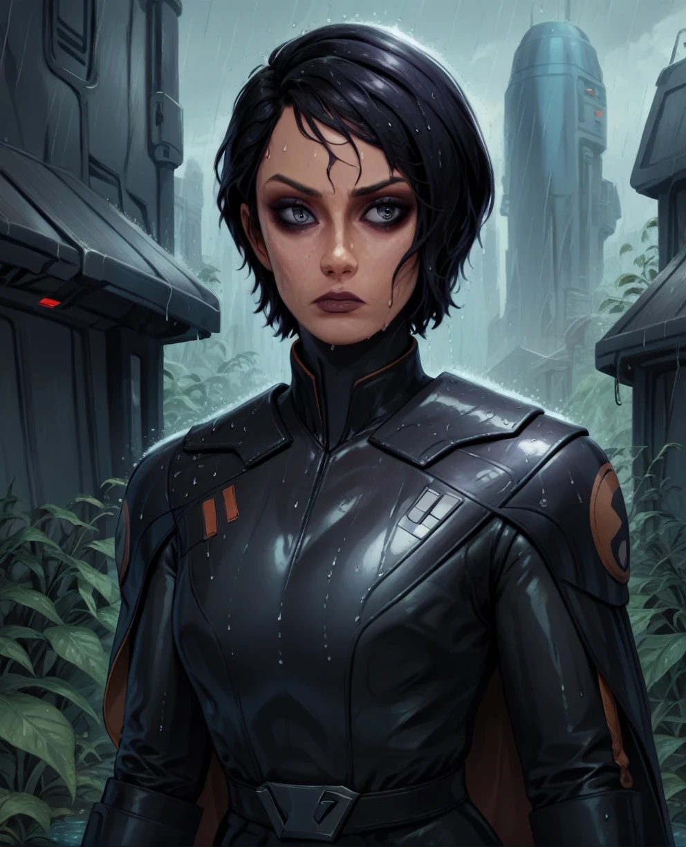 score_9,score_8_up,score_7_up,score_6_up, sabine wren ,,black hair, upper body, wet, armor,gloves,black bodysuit,black cape,belt,rain, science fiction,sith base, star wars, outdoors, rain, solo,fflixbag wearing armor sabine wren
