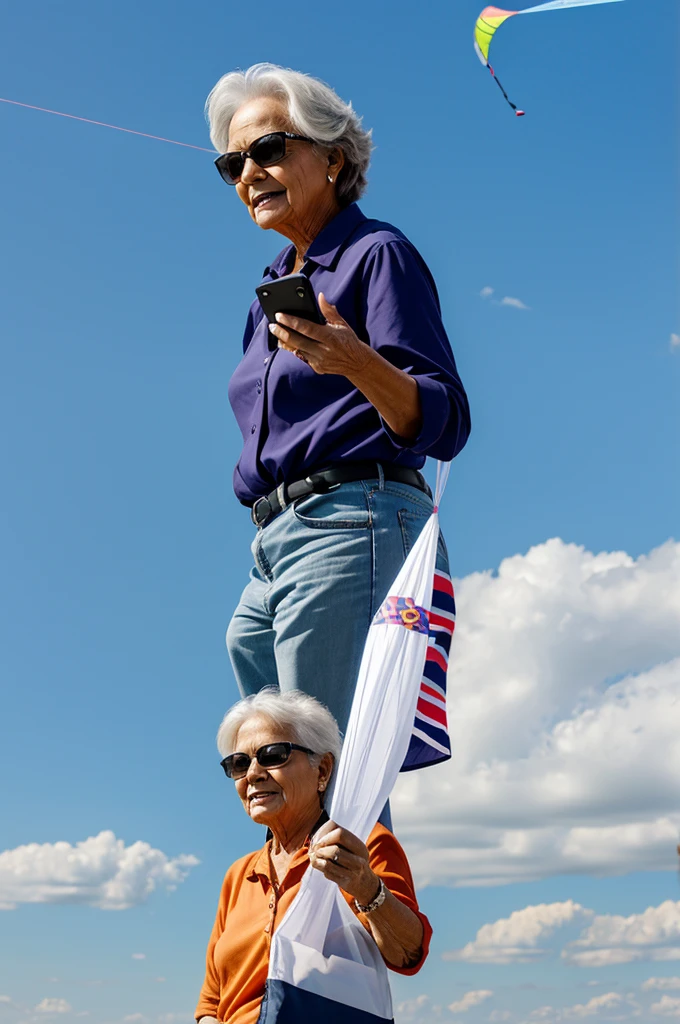 A retiree on a kite using her cell phone