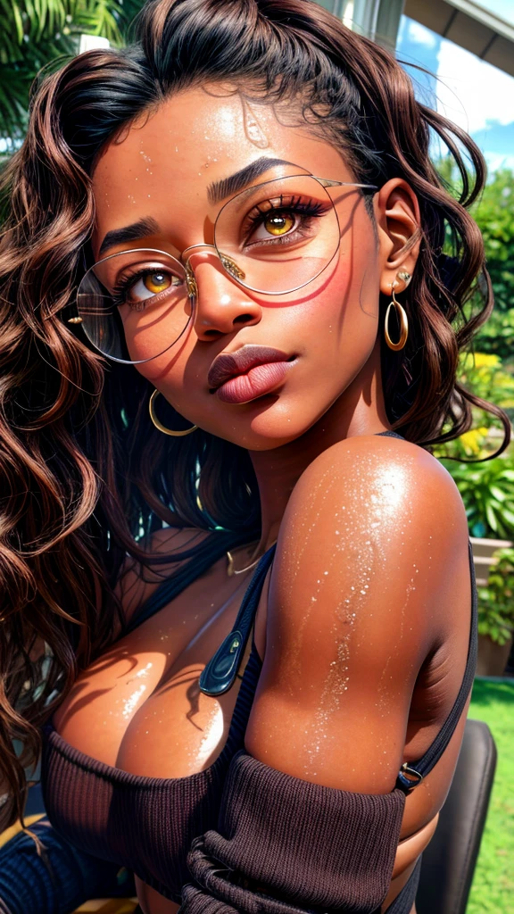 dynamic close-up of the upper part of 1 Girl, black, extremely slim and beautiful, perfect body, (well-shaped and delicate face with (piercing gaze)), black skin with highly detailed depth, she is on a sofa, (long hair , slightly messy and shiny wavy brown hair, hair over the eyes), (detailed, large, bright eyes, light brown eyes, curled eyelashes, large glasses), (sensual pouting mouth), wearing a short sweater showing off her shoulders , (she is sweaty (shining with sweat)), ultra-realistic image, perfect symmetry, vibrant and sharp, dynamic vision, high level of detail and definition, 1200 PPI - Photographic resolution with greater color realism, hyper-realistic, High fidelity, cinematic, 4K UHD image resolution.