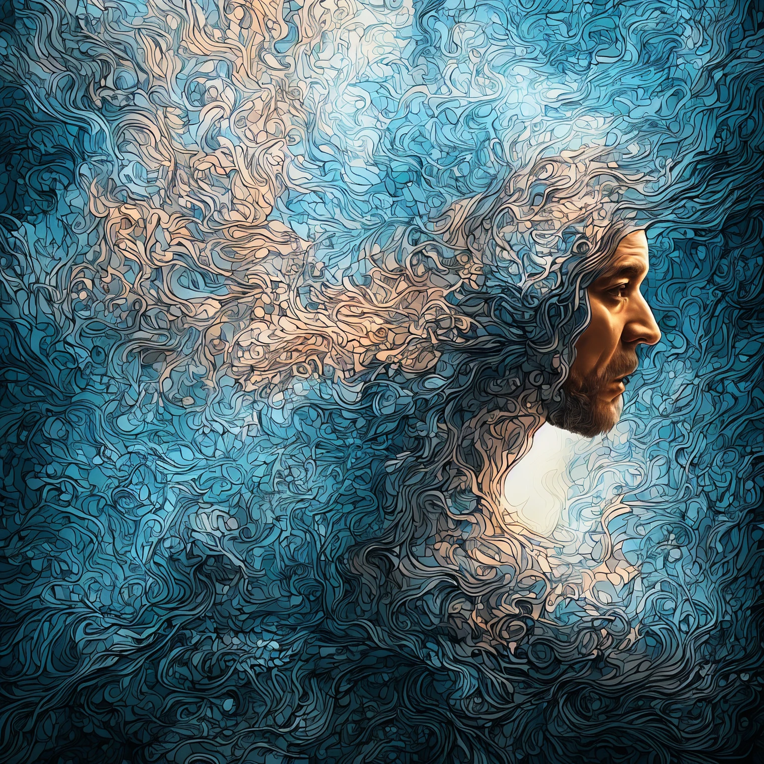 Create an impressive digital work of art, conveying the huge inner world of the artist where beautiful streams of consciousness burst out of his head