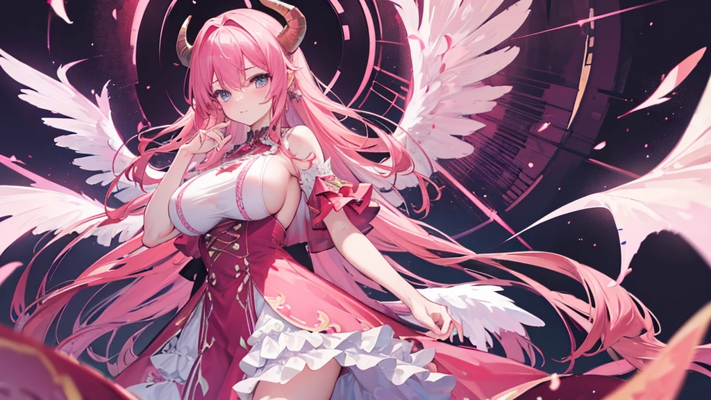 ((best quality)), ((masterpiece)), (detailed), mommy, big breast, demon, pink,wing head, wing back, Horn Head, dress