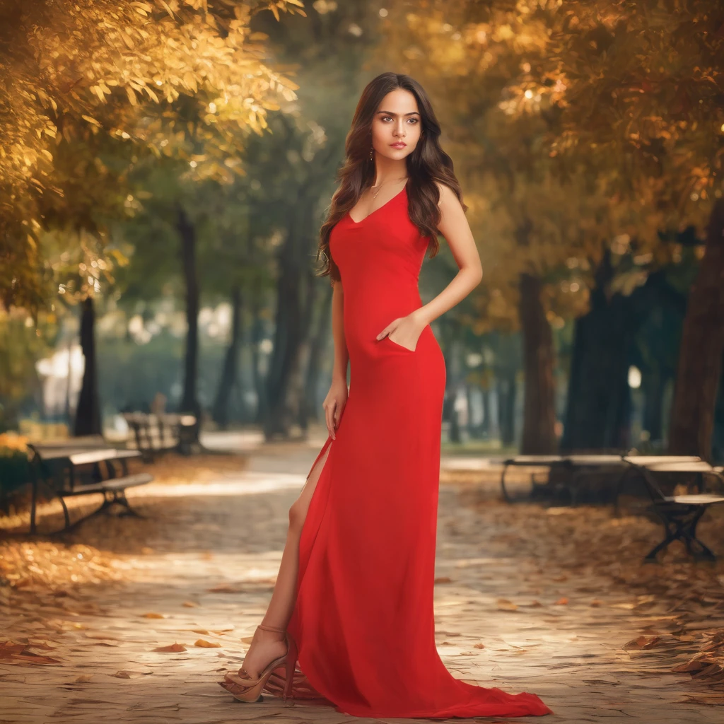 masterpiece, young woman in the park long hair dark brown eyes light brown light skin wearing red dress