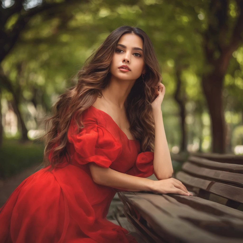 masterpiece, young woman in the park long hair dark brown eyes light brown light skin wearing red dress