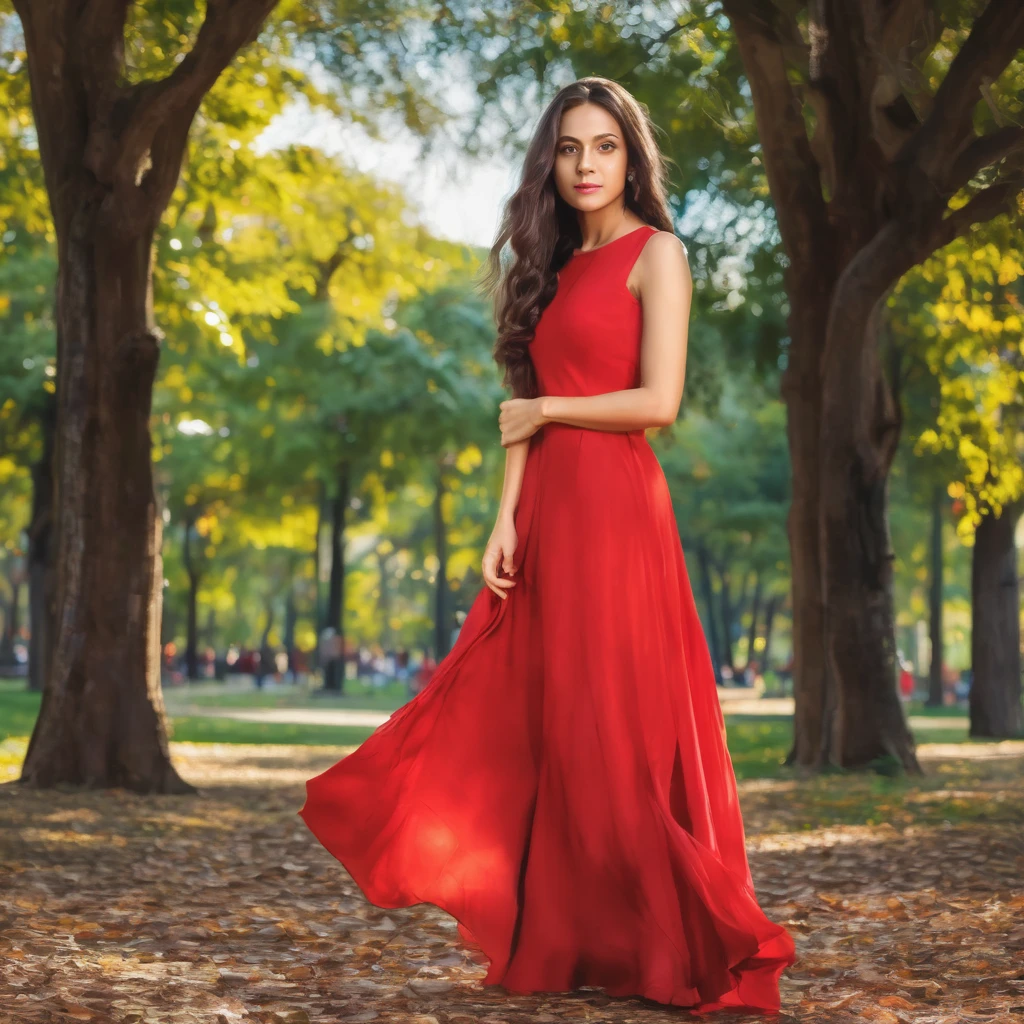 masterpiece, young woman in the park long hair dark brown eyes light brown light skin wearing red dress