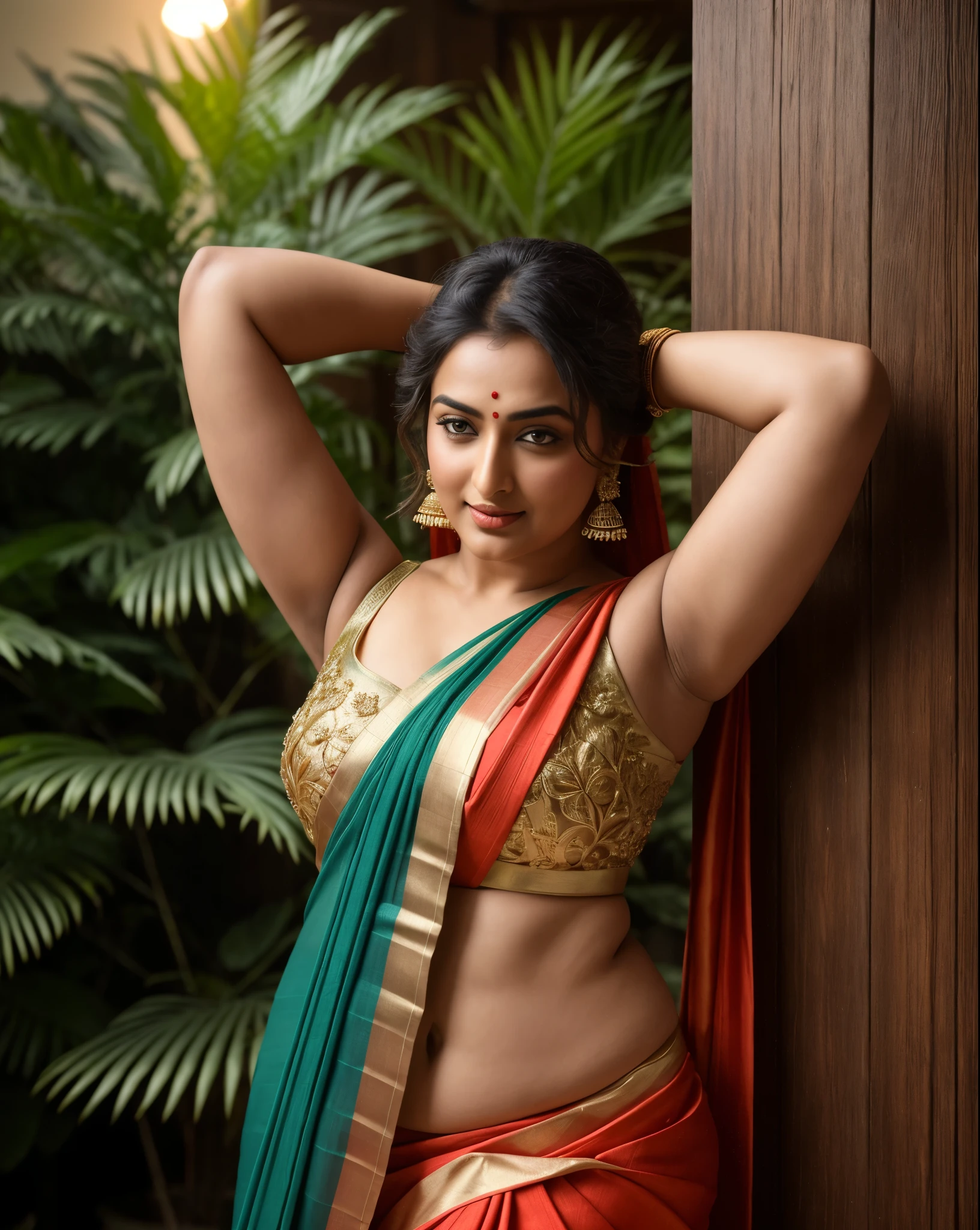 Foto RAW, photorealistic, photography, full body shot, master shot, perfect eyes, goddess like beauty, pierced eyes, perfect thick chubby mallu Desi aunty bhabhi, Wearing a Stanapatta, a chest-band.Saree model, model Photography, Indian saree shoot, Indian traditional wear advertising photography, traditional wear brand shoot, face of Indian actress Sonakshi Sinha, masterpiece, realistic, realism, incredible details, pleasure, photorealism, detailed skin, skin pores, high contrast, photorealistic Artstation 8k HD digital art trend of high definition and detailed realistic skin texture, ultra detail, realistic skin texture, armature, best quality, ultra high definition, (photorealistic:1.4),, high resolution, detail, raw photo, sweat, Re sharp, by Lee Jefferies Nikon D850 Film Stock Photo 4 Kodak Portra 400 Camera F1.6 Lens Rich Color Ultra Real Realistic Realistic Textures Dramatic Lighting Unreal Engine Trending at Art Station Cinestill 800,(pele altamente detalhada: 1.2), 8k UHD, DSLR, soft-lighting, alta qualidade, grain of film, Fujifilm XT3,she didn't like to wear blouse or bra, she is happy to wear only saree, she hates blouse or bra, detailed hairy armpits, hyper realistic skin, skin pores, sweat, veins,