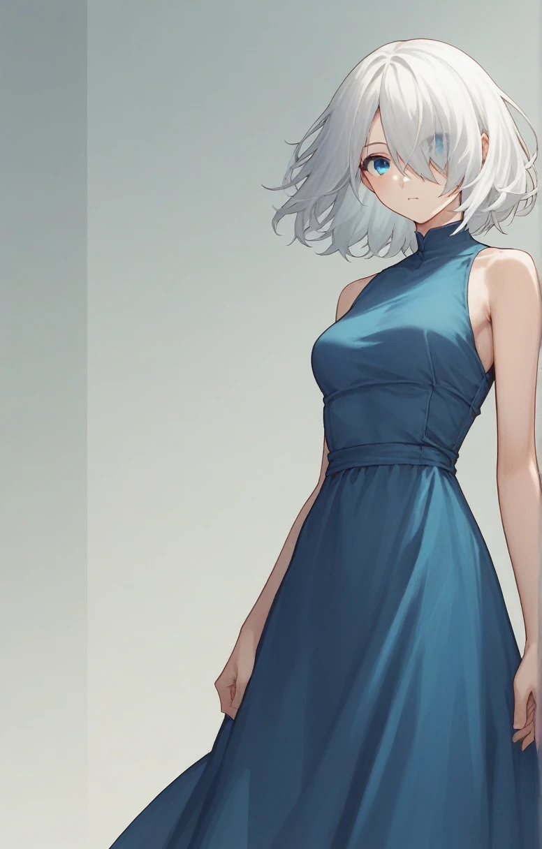 score_9, score_8_up, score_7_up, score_6_up, score_5_up, score_4_up, BREAK source_anime, one anime girl, blue eyes, white hair, medium hair, hair covers one eye, white and blue dress, standing
