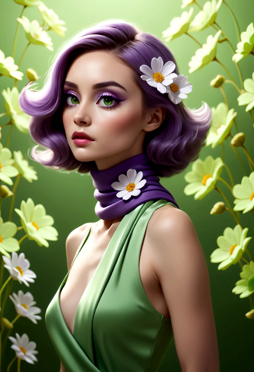 woman in green dress with minimalist abstract flowers, small purple scarf around the neck, False eyelashes, make-up